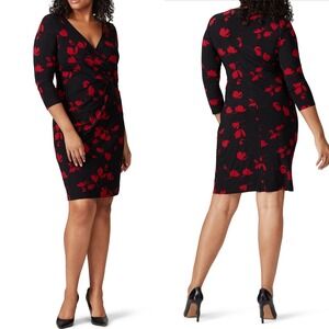 Ralph Lauren Black Red Floral Dress Womens Size 14 Rushed Jersey Surplice Cleora
